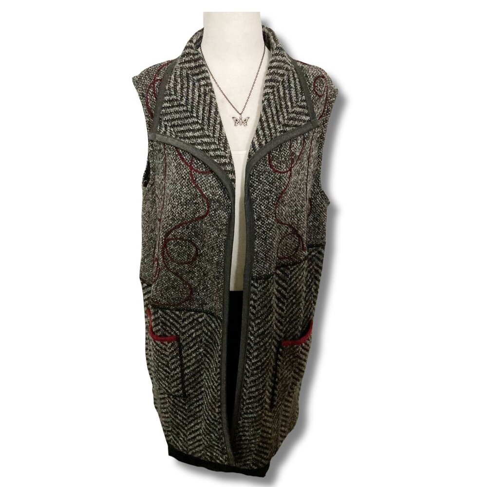 DOLCEZZA Long grey black wool blend open front vest ~ MEDIUM LARGE XL 1X duster